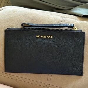 Michael Kors Black Leather Wristlet with Gold Logo